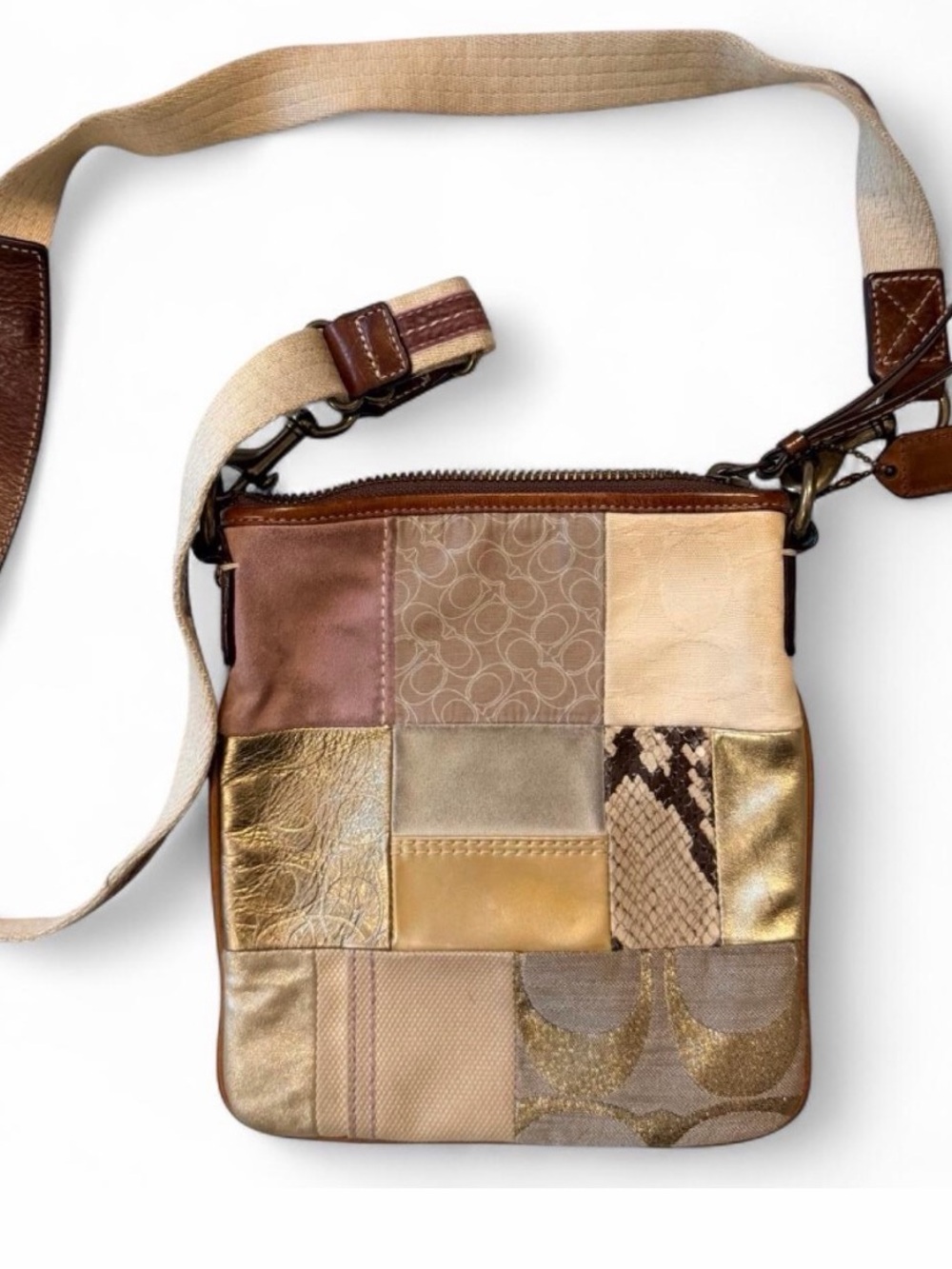 Coach Patchwork Leather and Metallic Crossbody in Neutral Gold and Brown Tones